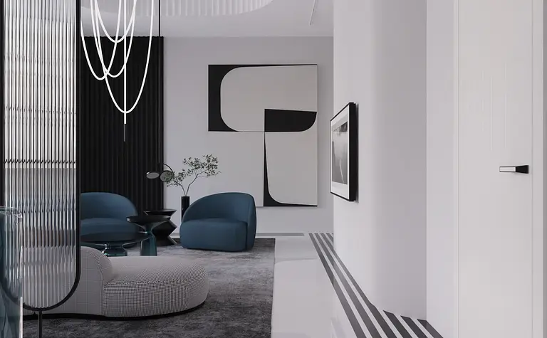 Wnętrze nowoczesnego salonu w stylu art deco z niebieskimi fotelami i szarym dywanem.