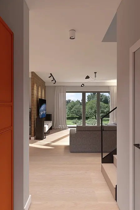 Wnętrze salonu w stylu minimalistycznym, nowoczesnym i skandynawskim z szarym wyposażeniem.
