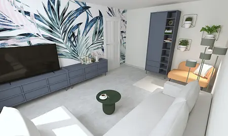 Wnętrze nowoczesnego salonu z niebieską ścianą, białymi meblami i zielonymi roślinami.