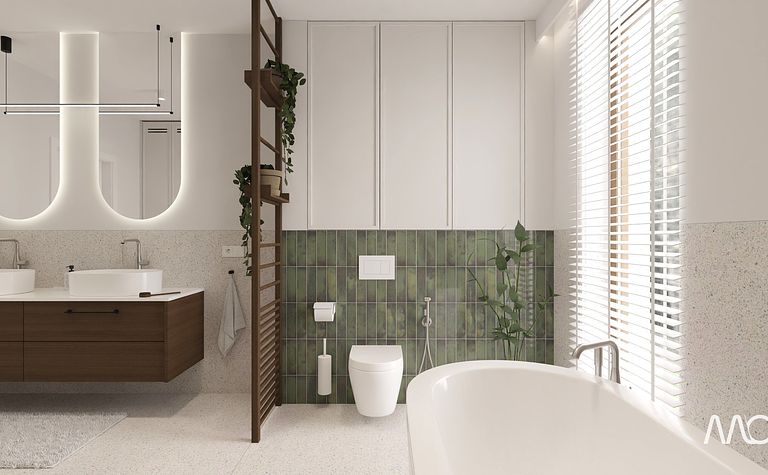 Projekt łazienki z zieloną cegiełką