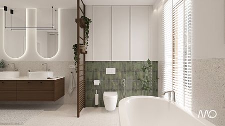 Projekt łazienki z zieloną cegiełką