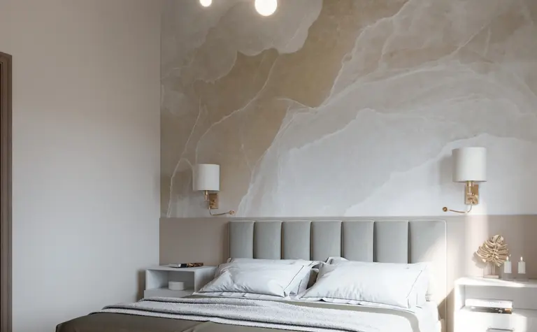 Sypialnia w stylu art deco, glamour, soft minimalizm, tradycyjny z beżowymi i białymi elementami.