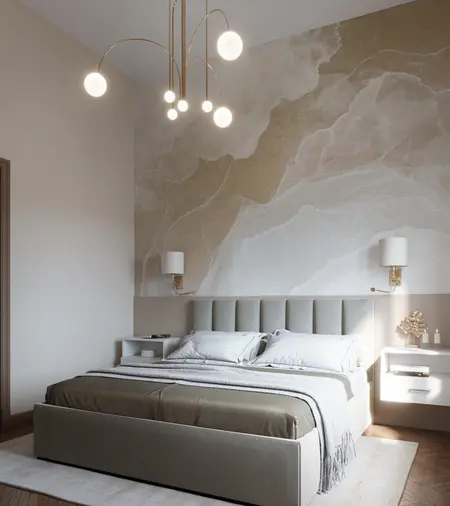 Sypialnia w stylu art deco, glamour, soft minimalizm, tradycyjny z beżowymi i białymi elementami.