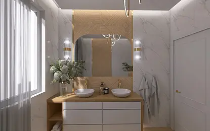 Współczesna łazienka z drewnianą szafką, białymi umywalkami i eleganckim lustrem