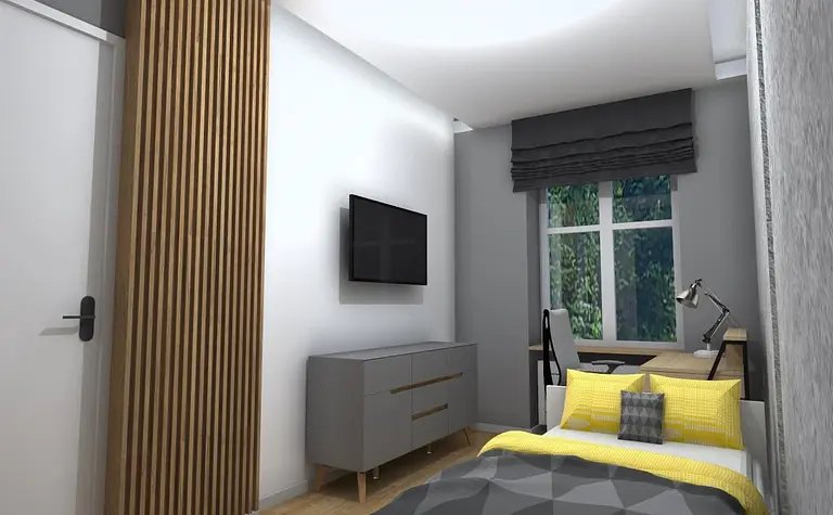 Wnętrze pokoju z szarymi ścianami, żółtym łóżkiem i biurkiem w stylach industrialnym, nowoczesnym, skandynawskim.