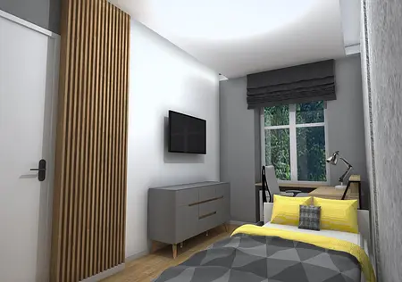Wnętrze pokoju z szarymi ścianami, żółtym łóżkiem i biurkiem w stylach industrialnym, nowoczesnym, skandynawskim.