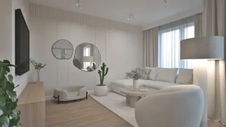 Wnętrze salonu w stylu boho i skandynawskim z jasnymi meblami i roślinami.