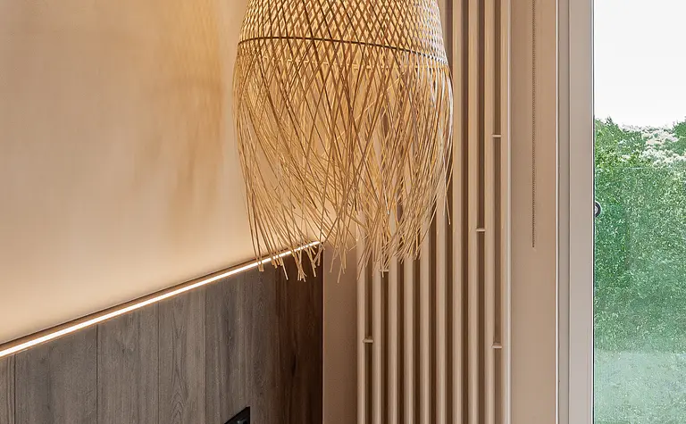 Wnętrze sypialni w stylu boho i skandynawskim z drewnianymi elementami i jasnymi kolorami.