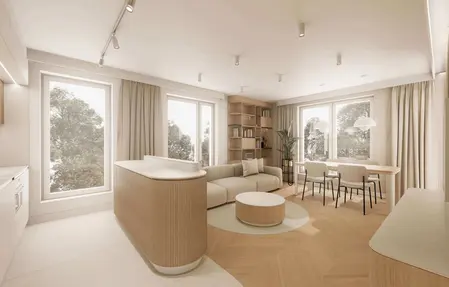 Wnętrze w stylu japandi z minimalistycznym drewnem i nowoczesnymi akcentami.