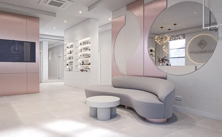 Nowoczesne wnętrze salonu z minimalistycznym designem, szaro-różową sofą i oświetleniem.