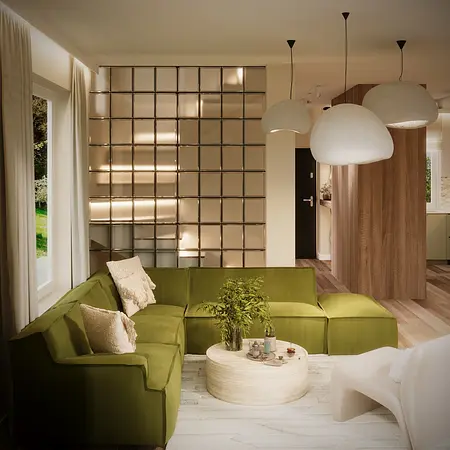Wnętrze salonu boho, eklektyczne z zieloną sofą i drewnianym stolikiem.