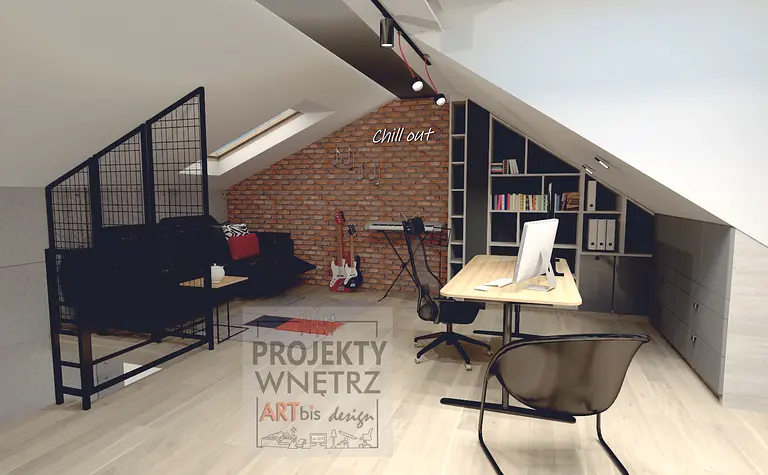 Poddasze w stylu industrialnym z biurkiem i sofą