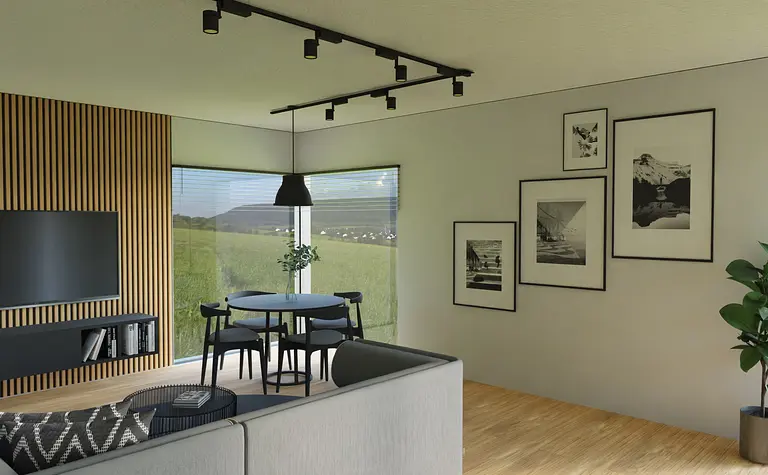 Wnętrze w stylu industrialnym z szarymi ścianami i drewnianymi detalami.