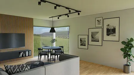 Wnętrze w stylu industrialnym z szarymi ścianami i drewnianymi detalami.