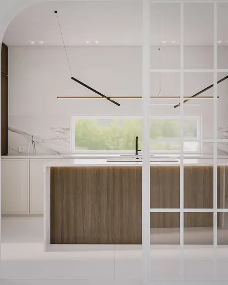 Nowoczesna kuchnia z minimalistycznym designem, drewniana wyspa i białe meble.