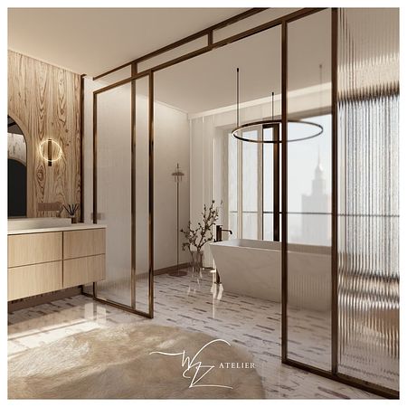 Nowoczesna łazienka glamour z drewnem i wanną