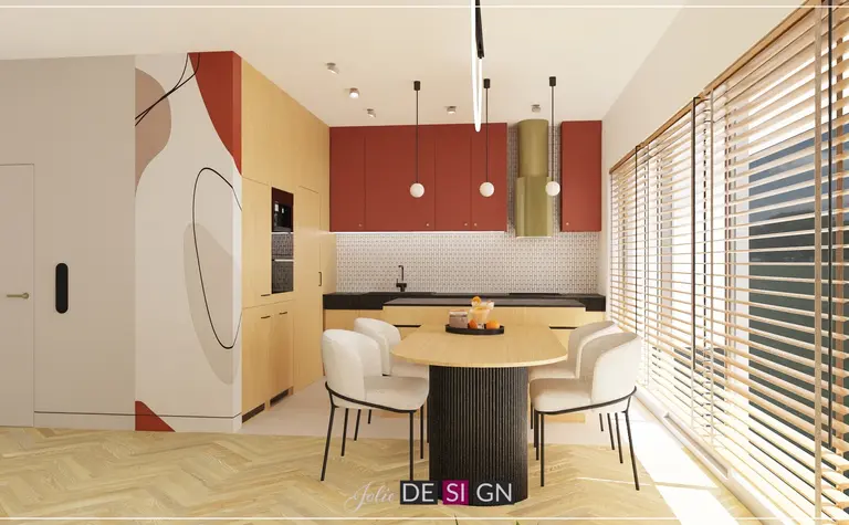 Wnętrze kuchni boho z elementami dopamine decor i nowoczesnym wykończeniem.