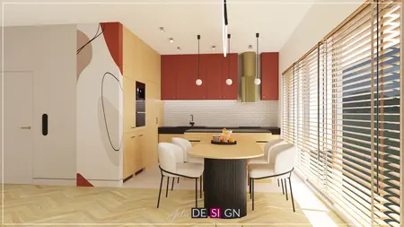 Wnętrze kuchni boho z elementami dopamine decor i nowoczesnym wykończeniem.