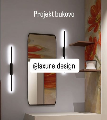 Minimalistyczne wnętrze z lustrem, półkami i akcentami kolorystycznymi w stylu japandi.