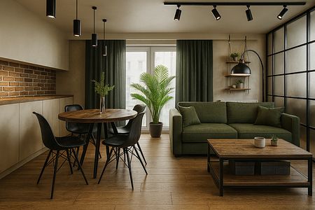 Wnętrze salonu w stylu industrialnym z zieloną sofą i drewnianym stołem.
