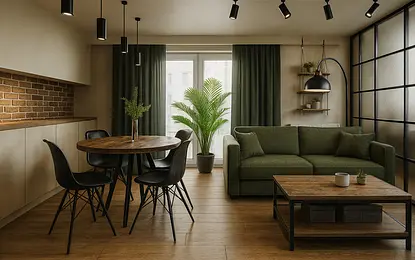 Wnętrze salonu w stylu industrialnym z zieloną sofą i drewnianym stołem.