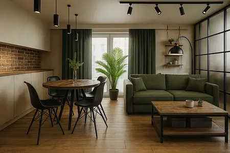 Wnętrze salonu w stylu industrialnym z zieloną sofą i drewnianym stołem.