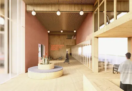 Wnętrze centrum sportowego w stylu industrialnym i skandynawskim z drewnianymi elementami.