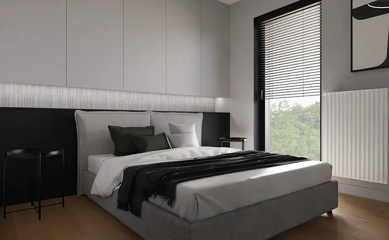 Wnętrze sypialni minimalistycznej z szarym łóżkiem, czarnymi dodatkami i oknem