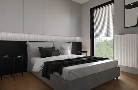 Wnętrze sypialni minimalistycznej z szarym łóżkiem, czarnymi dodatkami i oknem