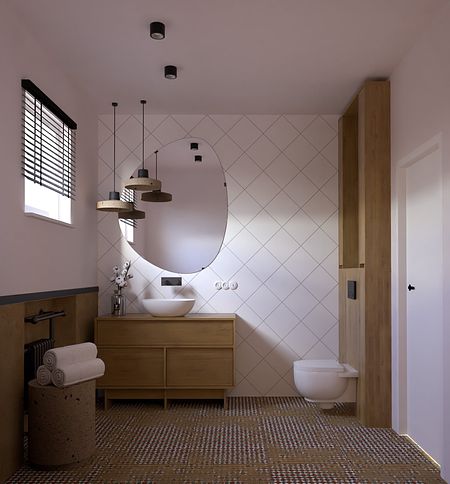 Nowoczesna łazienka w stylu soft minimalizm i vintage z drewnianymi akcentami.