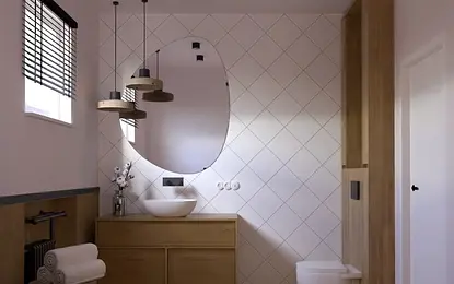 Nowoczesna łazienka w stylu soft minimalizm i vintage z drewnianymi akcentami.