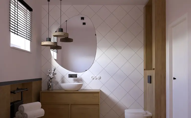 Nowoczesna łazienka w stylu soft minimalizm i vintage z drewnianymi akcentami.