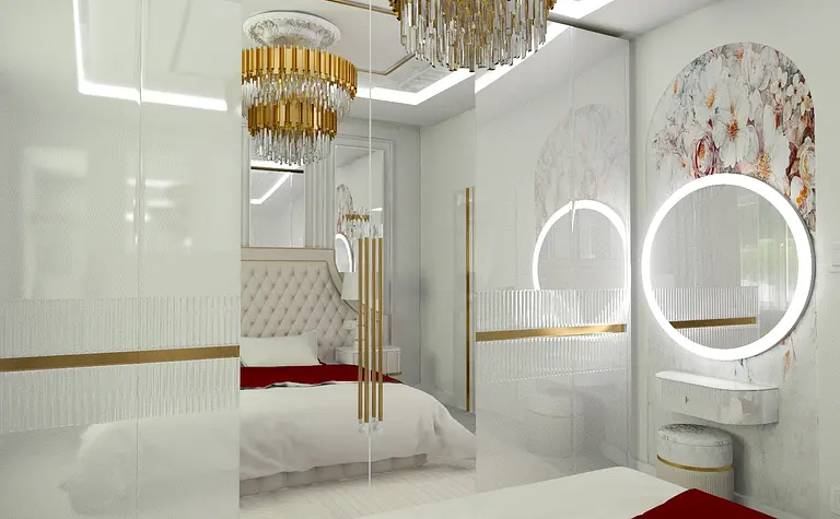 Wnętrze sypialni glamour z białymi meblami i złotymi detalami.