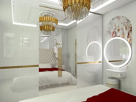 Wnętrze sypialni glamour z białymi meblami i złotymi detalami.