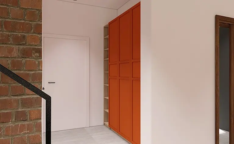 Przedpokój z pomarańczową szafą, minimalistyczny, skandynawski