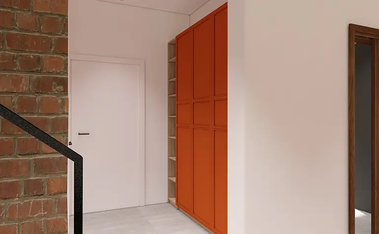 Przedpokój z pomarańczową szafą, minimalistyczny, skandynawski