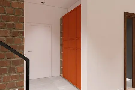 Przedpokój z pomarańczową szafą, minimalistyczny, skandynawski