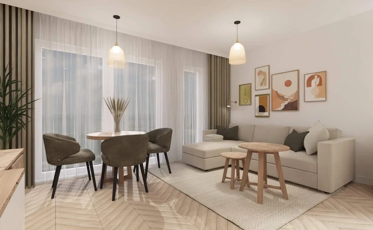 Wnętrze salonu w stylu boho i nowoczesnym z jasnymi meblami i drewnianymi detalami.