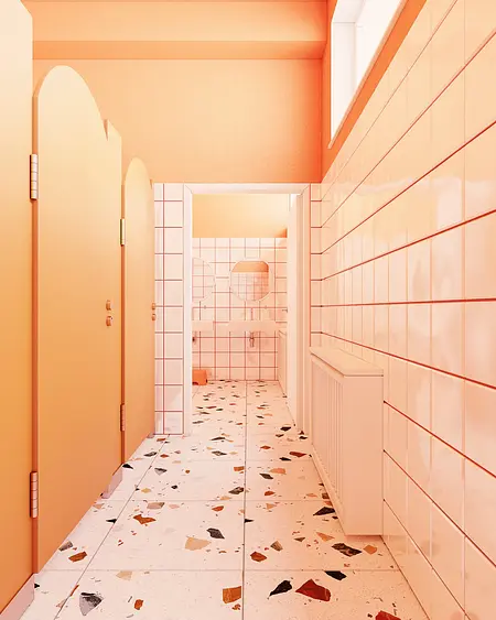Wnętrze łazienki w stylu dopamine decor, eklektycznym i nowoczesnym.