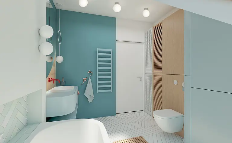 Nowoczesna łazienka w stylu boho z niebieskimi ścianami i drewnianymi detalami.