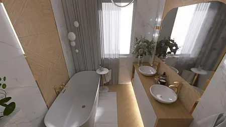 Współczesna łazienka z wanną, umywalkami i drewnem