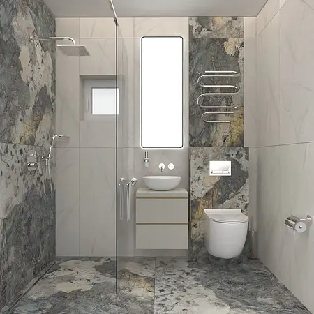 Nowoczesna łazienka z szarym marmurem, minimalistycznymi meblami i akcesoriami. Dopamine decor, industrialny, soft minimalizm.