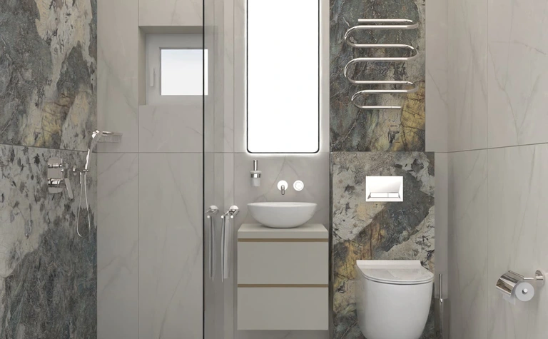 Nowoczesna łazienka z szarym marmurem, minimalistycznymi meblami i akcesoriami. Dopamine decor, industrialny, soft minimalizm.