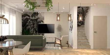 Wnętrze salonu w stylu boho i japandi z zieloną sofą, drewnianymi elementami i roślinami.