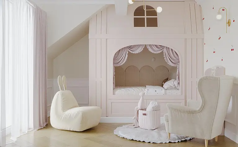 Pokój dziecięcy w stylu art deco i eklektycznym z różowym łóżkiem i białymi akcentami.
