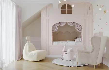 Pokój dziecięcy w stylu art deco i eklektycznym z różowym łóżkiem i białymi akcentami.