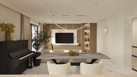 Nowoczesna jadalnia z białym stołem, czarnym fortepianem i drewnianymi detalami.