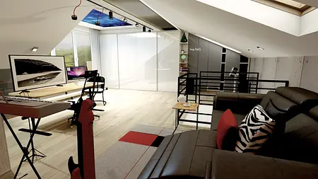 Poddasze z biurkiem, sofą i industrialnymi akcentami