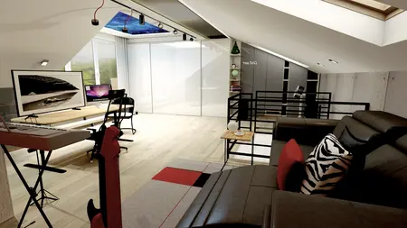 Poddasze z biurkiem, sofą i industrialnymi akcentami