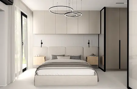 Nowoczesna sypialnia z jasnymi meblami, łóżkiem i lampami w stylu quiet luxury.